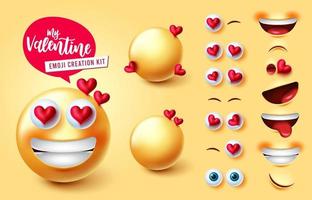 Emoji valentine creator vector set. Emojis 3d characters with face parts like hearts eyes and mouth editable for valentines emoticon facial expression creation kit design. Vector illustration.