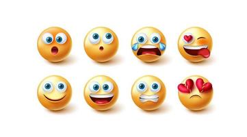 Emoji emoticons vector set. Emojis 3d character in happy and sad facial expressions isolated in white background for cute yellow faces graphic design collection. Vector illustration.