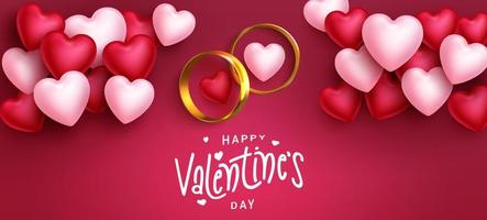 Valentines day vector background design. Happy valentines day text with gold couple rings and floating hearts for romantic celebration gift and messages. Vector illustration.