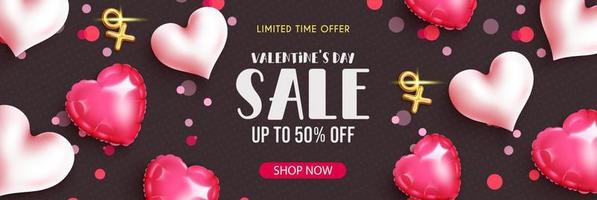 Valentines day vector background design. Happy valentine's day typography text in pink space with red roses and gold metal hearts elements for valentine greeting banner. Vector illustration.