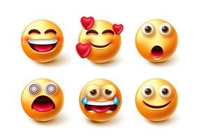 Emoji vector character set. 3d emoticons characters like in love, happy, crying and dizzy facial expressions isolated in white background for emoticon collection design. Vector illustration