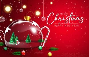 Merry christmas vector design. Merry christmas typography text in red background with crystal balls, candy canes, tress and xmas element for holiday season greeting card. Vector illustration