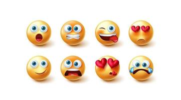 Emojis character vector set. Emoji in yellow face with funny and in love faces collection for emoticon graphic facial reaction and expressions design. Vector illustration.