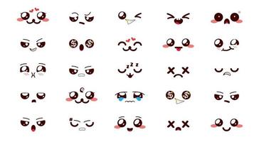 Emoji kawaii emoticon vector set. Chibi character in cute faces reaction collection of happy, smiling, sad and angry for chibis kawaii cartoon emojis doodle design. Vector illustration.