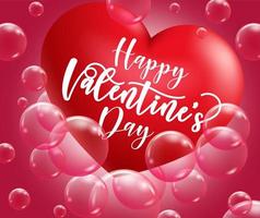 concepto de fondo de vector de día de San Valentín. Texto de saludo de feliz día de San Valentín en corazón rojo 3d con elemento de burbuja o globo flotante para el diseño romántico de la tarjeta de San Valentín. ilustración vectorial