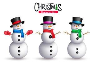 Snowman christmas character vector set. Snow man christmas 3d characters standing with scarf, hat and twig elements for xmas and winter graphic design collection. Vector illustration