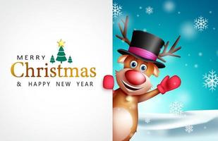 Christmas greeting vector template design. Merry christmas text with waving reindeer character in snowy outdoor for xmas celebration card. Vector illustration