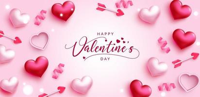 Valentine's day vector background design. Happy valentines day text with hearts, arrow and confetti doodle shape 3d elements in pink space for greeting messages decoration. Vector illustration.