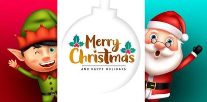 Christmas greeting vector template design. Merry christmas text in white empty space with waving santa claus and elf kid for xmas friendly celebration card. Vector illustration.