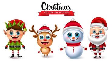 Christmas vector characters set. Christmas character like elf, reindeer, snowman and santa claus in standing pose and gesture for xmas holiday season collection design. Vector illustration.