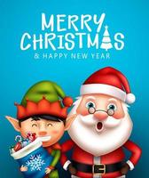 Merry christmas characters vector design. Merry christmas text with santa claus and elf character in friendly and happy facial expression for xmas greeting poster card. Vector illustration.