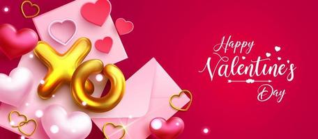 Happy valentines greeting vector design. Happy valentine's day text with gold balloon and envelope elements for elegant valentine invitation card decoration. Vector illustration.