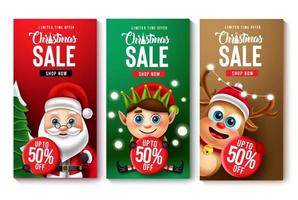 Conjunto de carteles de vector de venta de Navidad. Venta de Navidad con texto de oferta por tiempo limitado con personajes de santa claus, elfos y renos para el diseño de descuento promocional de Navidad. ilustración vectorial.