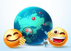 diseño de vector de vacuna covid emoji. Emoticonos Personaje 3d que vacuna el globo terráqueo con un elemento de jeringa para la campaña mundial de prevención y vacunación del covid-19. ilustración vectorial