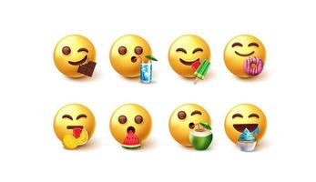 Emoji eating characters vector set. Emojis 3d eating and drinking foods like fruits and dessert isolated in white background for emoticons eat and drink face collection design. Vector illustration.