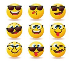 Emoji sunglasses emoticon vector set. Emojis smiley in cool shades with happy, funny and cute facial expressions for friendly emoticons faces character collection design. Vector illustration.