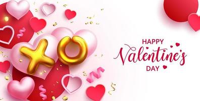 Valentines vector background design. Happy valentine's day text in white space with gold balloons and confetti celebration elements for valentine messages decoration. Vector illustration.