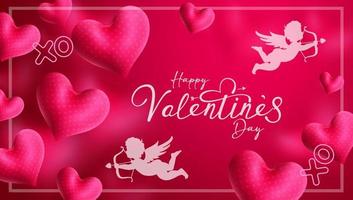 Valentines vector background design. Happy valentine's day text with balloons and floating heart decoration elements in pink background for romantic greeting messages. Vector illustration.