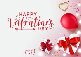 Fondo de banner de vector de San Valentín. Texto de saludo de tipografía de feliz día de San Valentín con elementos de San Valentín de regalos, globo, corazón, confeti y luz con espacio vacío para mensajes.