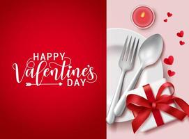 Happy valentines day greeting card in red background vector template. Valentines romantic dating elements of gift, candle light, plate, fork, spoon silverware and heart shape paper cut decoration.