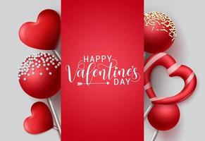 Valentines vector background template. Happy valentines day greeting text with lollipop candy valentine elements in heart and round shape and empty space for messages in red background.