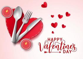 Valentines romantic date vector design. Happy valentines day typography greeting text with dating in candle light elements like heart shape plate, spoon, fork, and knife in white background.