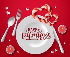 Concepto de vector de fecha de luz de vela de San Valentín. Feliz día de San Valentín tipografía en plato blanco con luz de velas, cuchara, tenedor, cuchillo y cubiertos de forma de corazones elemento de decoración para cita romántica.