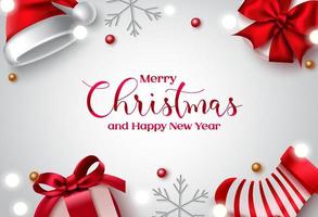 Merry christmas vector background design. Merry christmas and happy new year text in white space with red gifts, santa hat and sack xmas elements for holiday greeting card. Vector illustration