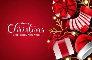 Merry christmas vector background design. Merry christmas text in red empty space for messages with gifts, santa hat and sack elements for xmas greeting card. Vector illustration