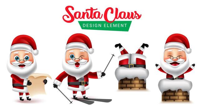 Santa claus vector design element set. Santa claus character in reading wish list, stuck in chimney and skating activity pose and gestures for xmas collection design. Vector illustration.