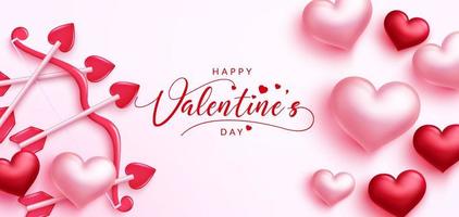 Valentine's day vector background design. Happy valentine's day typography text with cupid's bow and arrow in pink space and hearts element for valentine celebration greeting. Vector illustration.