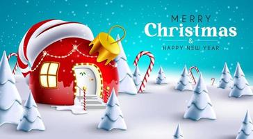 Merry christmas greeting vector design. Merry christmas text with red house xmas ball decoration in snow winter outdoor background for holiday season celebration. Vector illustration