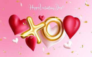 Valentines day greeting vector design. Happy valentine's day typography text with floating hearts in pink podium and space for valentine celebration decoration elements. Vector illustration.