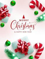 Merry christmas vector background design. Merry christmas and happy new year text with candy cane and gifts xmas elements for holiday season greeting card. Vector illustration.