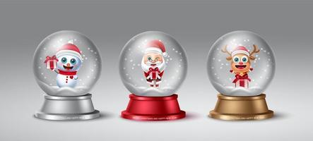 Christmas snow globe vector set. Christmas characters like snowman, santa claus, reindeer and elf in crystal ball element for xmas holiday decoration design. Vector illustration.