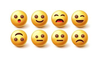 Emojis character vector set. Emoji 3d with smiling, upset and sad facial emotion expression for yellow face mood and reaction graphic collection. Vector illustration.