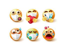 Covid-19 emoticon vector set. Emojis 3d character in care, sick and infected emotions with face mask and sanitizer element for stop covid campaign emoticons collection design. Vector illustration