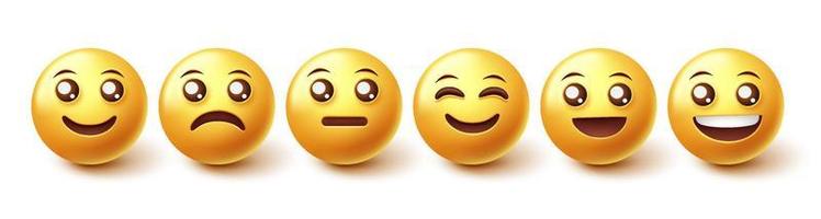 conjunto de vectores de caracteres emoji. emoticon colección de cara amarilla linda, feliz y sonriente aislada en fondo blanco para elementos de diseño gráfico 3d. ilustración vectorial.