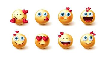 emojis valentines vector set. inlove 3d emoji personajes con elemento de corazones en reacción de caras amarillas para colección de diseño gráfico aislado en fondo blanco. ilustración vectorial.