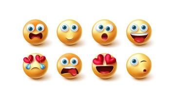 Emoji characters vector set. Emoticon characters with cute, funny and happy facial expressions in yellow icon for face emojis character graphic collection design. Vector illustration.