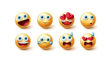 Emoji characters vector set. Emojis character cute faces collection in yellow icon isolated in white background for emoticons face graphic expressions design. Vector illustration.