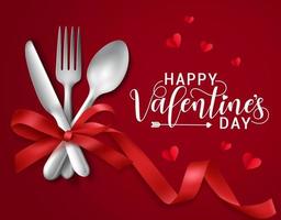 Valentines romantic dating vector banner template. Happy valentines day greeting text with dating elements like fork, spoon, knife with red ribbon and hearts paper cut in red background.