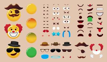 Emoji creator vector set design. Emoticon character kit with eyes, mouth and costume editable elements for emojis face expression parts collection. Vector illustration.