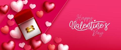 anillo de San Valentín presente diseño vectorial. Texto de feliz día de San Valentín con elemento de regalo de anillos de pareja de oro en fondo rosa para el saludo de propuesta romántica del día de los corazones. ilustración vectorial. vector