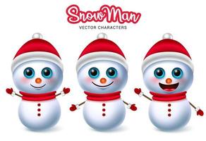 Snow man christmas vector characters set. Snowman character in cute standing pose and gesture wearing hat and scarf elements for xmas winter holiday collection design. Vector illustration