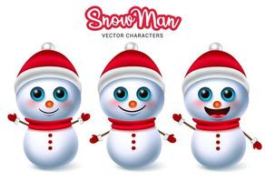 Snow man christmas vector characters set. Snowman character in cute standing pose and gesture wearing hat and scarf elements for xmas winter holiday collection design. Vector illustration