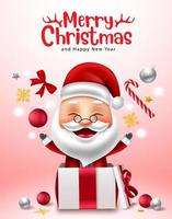 diseño de vector de navidad santa claus. Feliz Navidad texto con santa claus personaje 3d lanzando decoración navideña en caja para un lindo fondo de celebración de temporada navideña. ilustración vectorial.