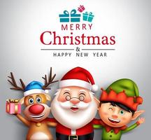 Merry christmas characters vector design. Merry christmas greeting text with santa claus, elf and reindeer friends character for xmas holiday season design. Vector illustration.