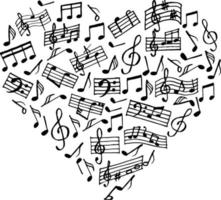 Music, heart, musical notes, treble clef and staves. Print. Black design on white background for postcard, paper, cover