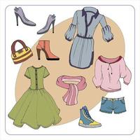pattern, illustration, multicolored postcard, women's clothing and shoes, dress, tunic, shorts, blouse, shoes, sneakers, bag, scarf, boots
